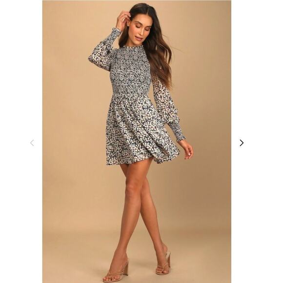 Lulus Medium Floral Forever Navy Blue Floral Print Smocked Skater Dress - Picture 14 of 15